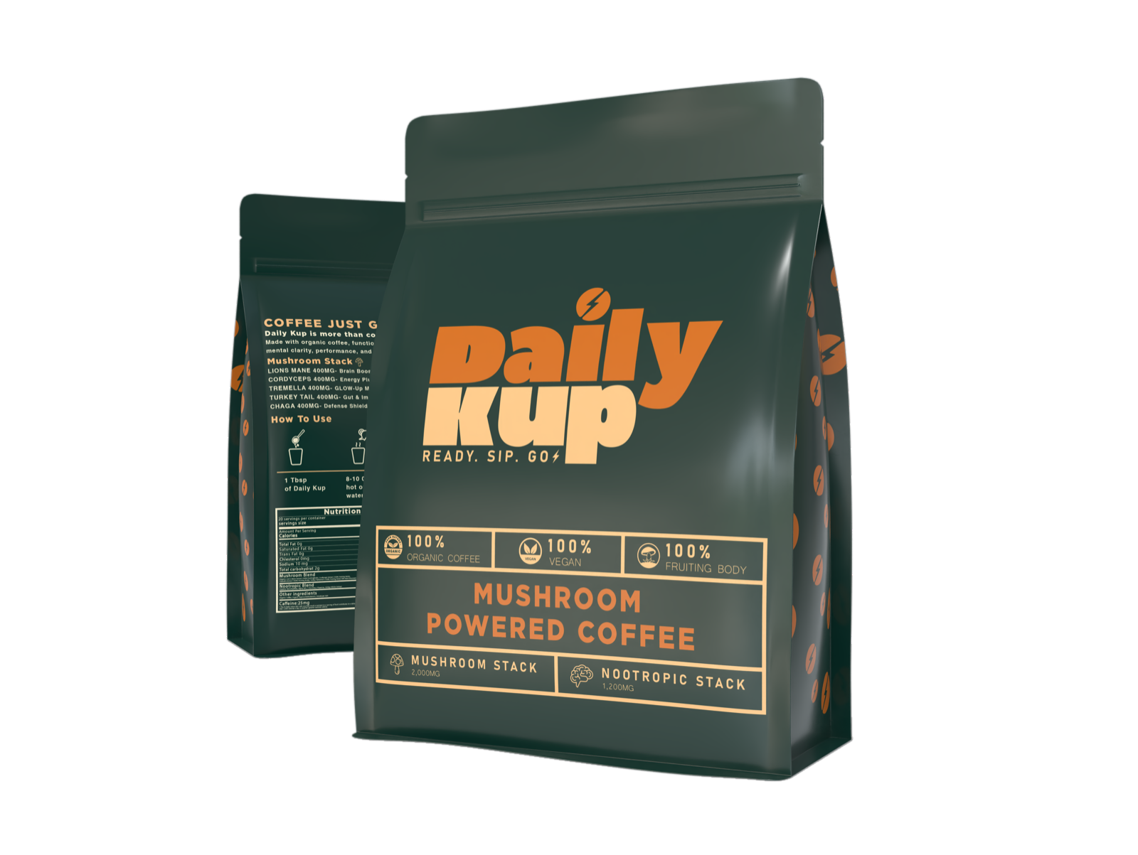 Daily Kup mushroom-powered coffee — packaging design by Runtym Studios